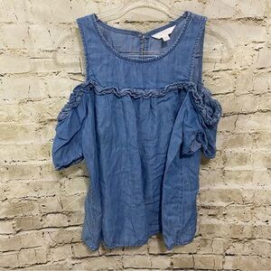 Lauren Conrad Blue Chambray Tencel Ruffle Cold Shoulder Top